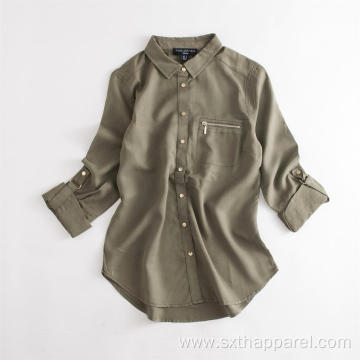 Army Green Sleeves Adjustable Tencel Shirts